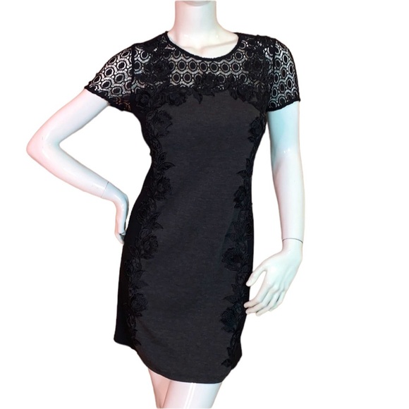 Truly Poppy black grey panel crochet lacey dress formal flower stitch fix M MD - Picture 3 of 17